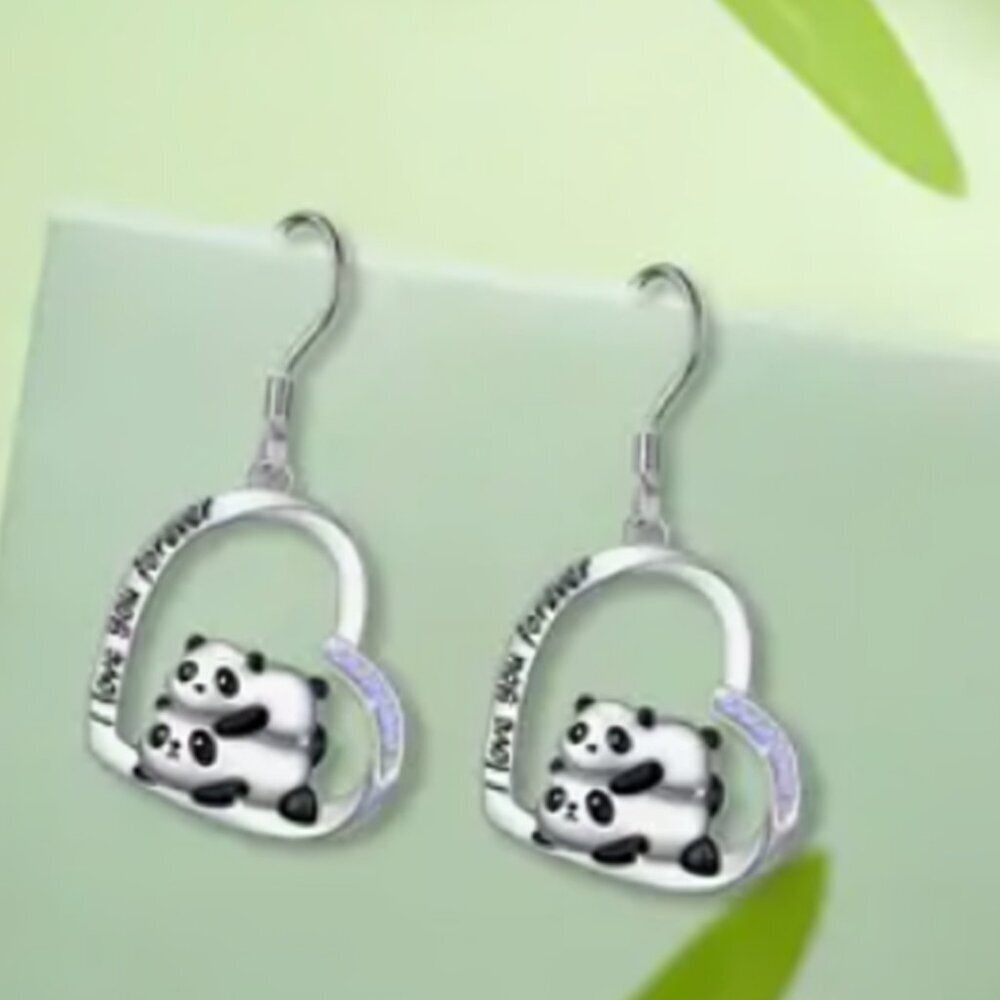 Cute Twin Pandas Enamel Heart shaped Dangling Women's Fashion Earrings set